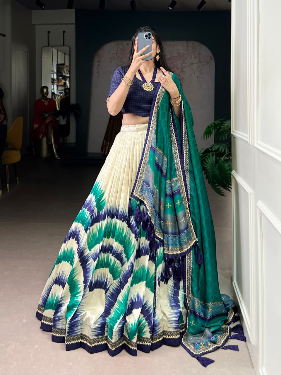 Navy Blue and cream Tasar Silk Tie-Dye Print Lehenga Choli with matching Dupatta