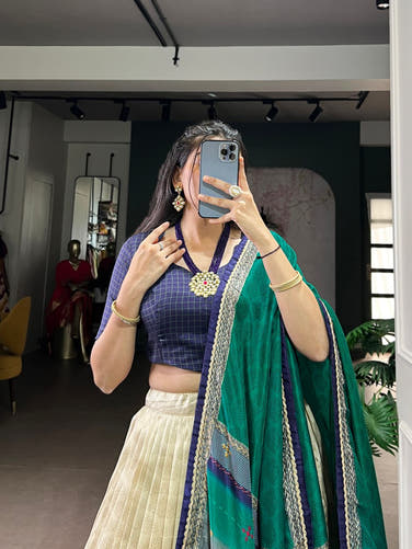 Navy Blue and cream Tasar Silk Tie-Dye Print Lehenga Choli with matching Dupatta