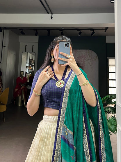 Navy Blue and cream Tasar Silk Tie-Dye Print Lehenga Choli with matching Dupatta