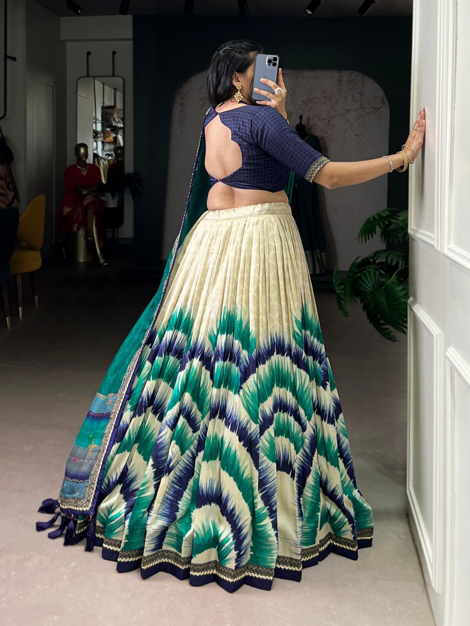 Navy Blue and cream Tasar Silk Tie-Dye Print Lehenga Choli with matching Dupatta