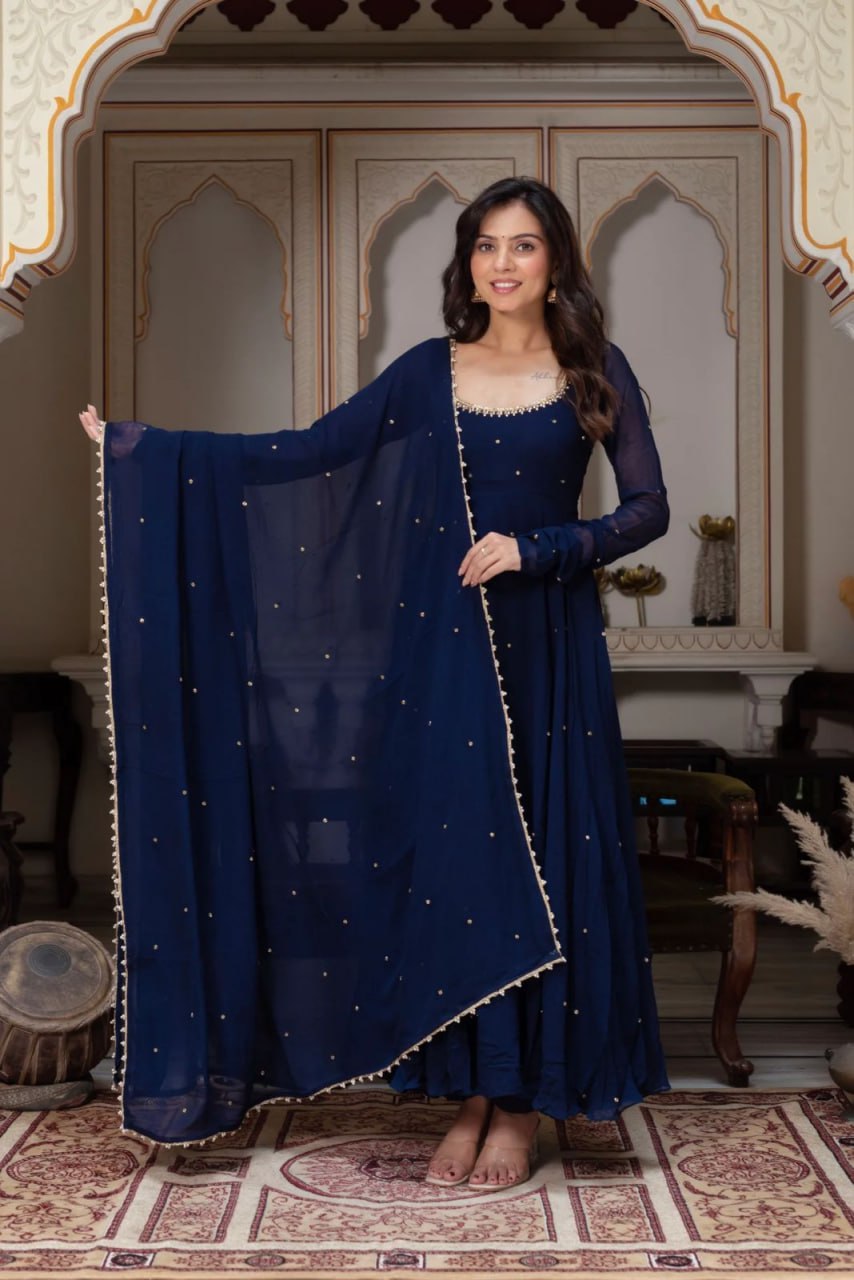 Navy Blue Designer Faux Georgette LCD Stone Work Gown Set