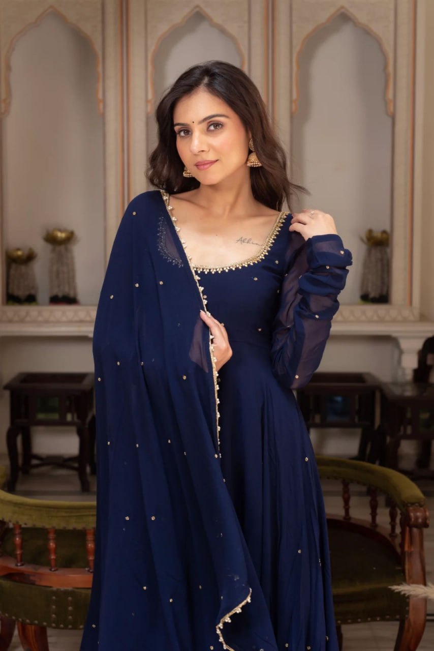 Navy Blue Designer Faux Georgette LCD Stone Work Gown Set