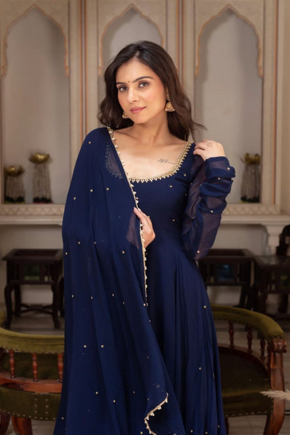 Navy Blue Designer Faux Georgette LCD Stone Work Gown Set