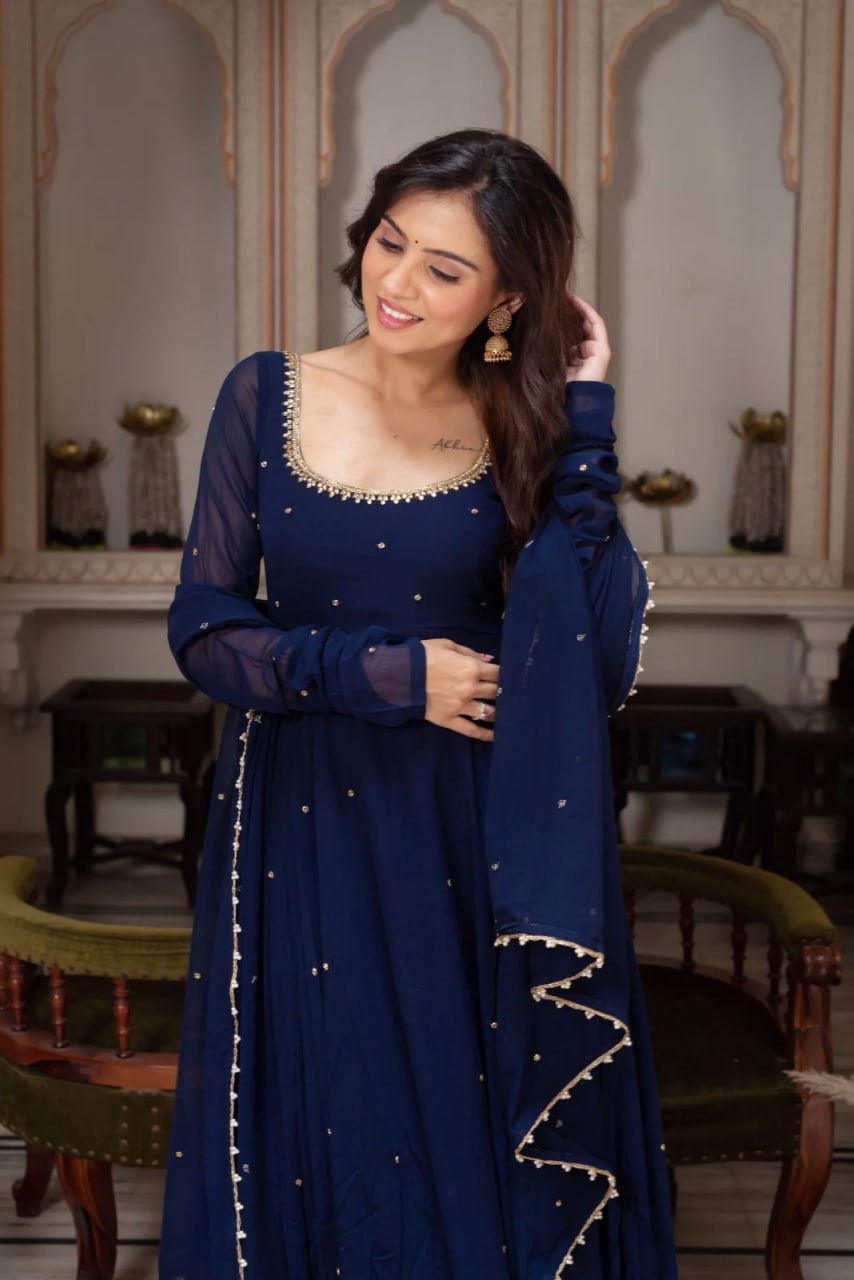 Navy Blue Designer Faux Georgette LCD Stone Work Gown Set