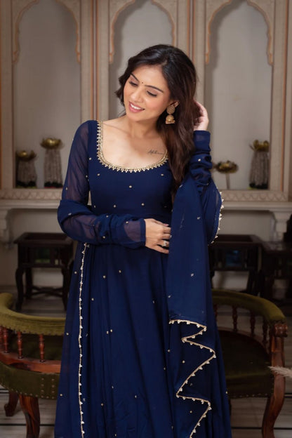 Navy Blue Designer Faux Georgette LCD Stone Work Gown Set