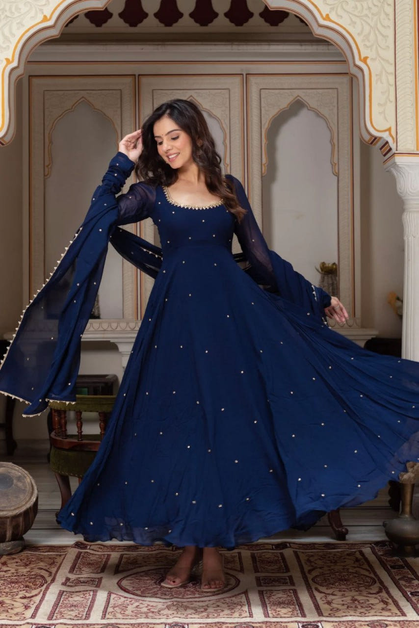 Navy Blue Designer Faux Georgette LCD Stone Work Gown Set
