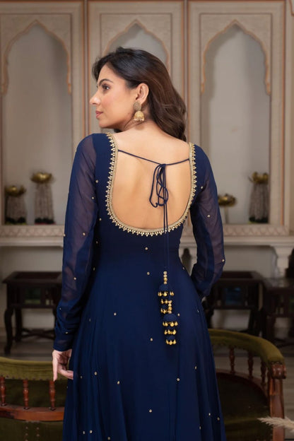 Navy Blue Designer Faux Georgette LCD Stone Work Gown Set