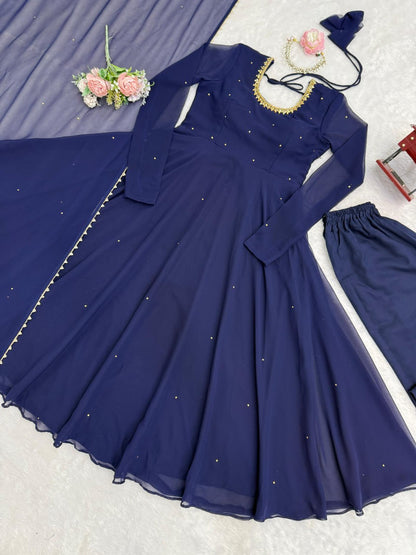 Navy Blue Designer Faux Georgette LCD Stone Work Gown Set
