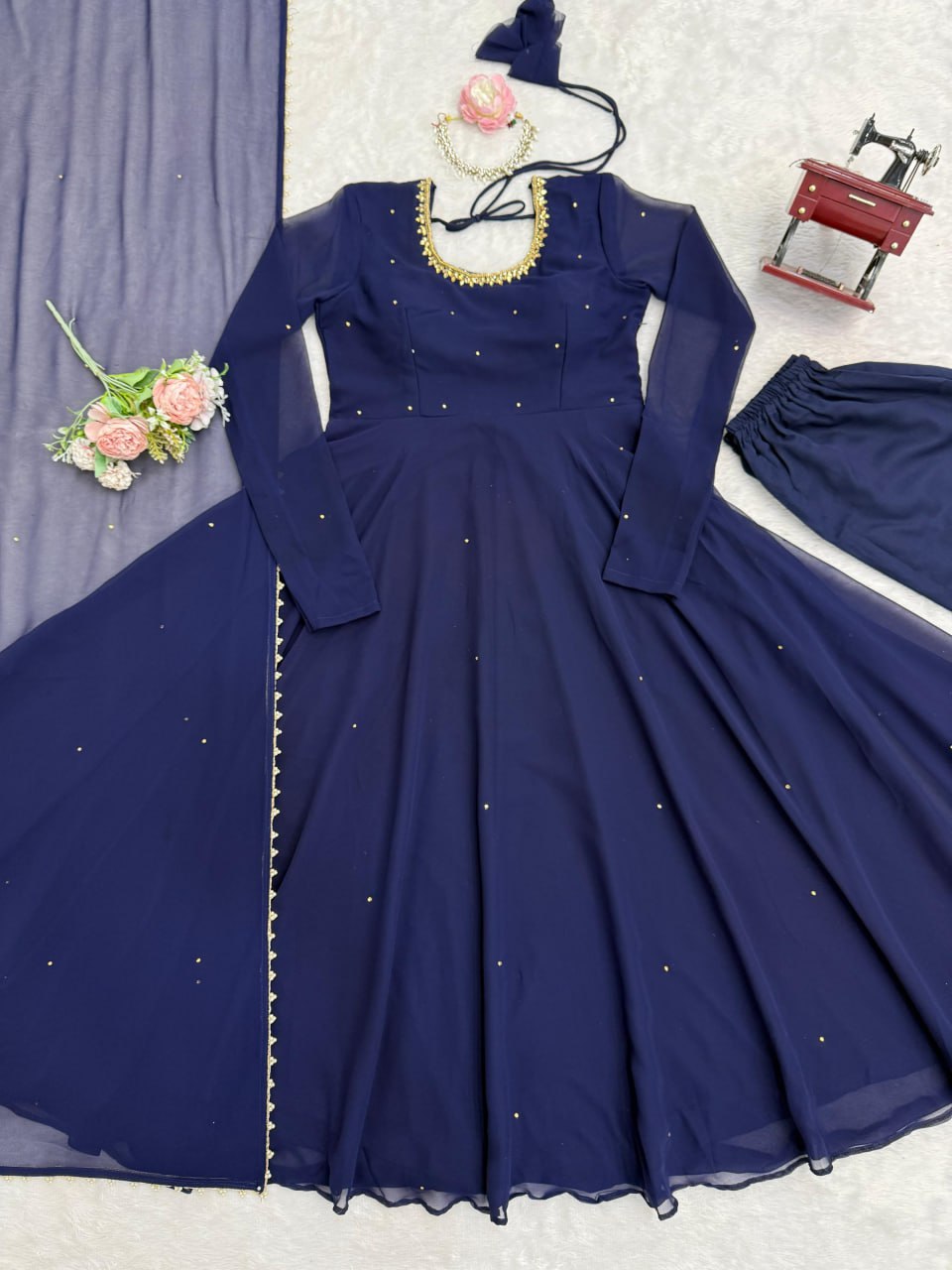 Navy Blue Designer Faux Georgette LCD Stone Work Gown Set