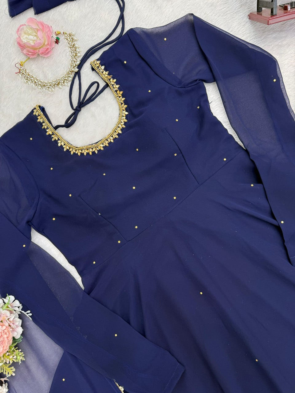 Navy Blue Designer Faux Georgette LCD Stone Work Gown Set