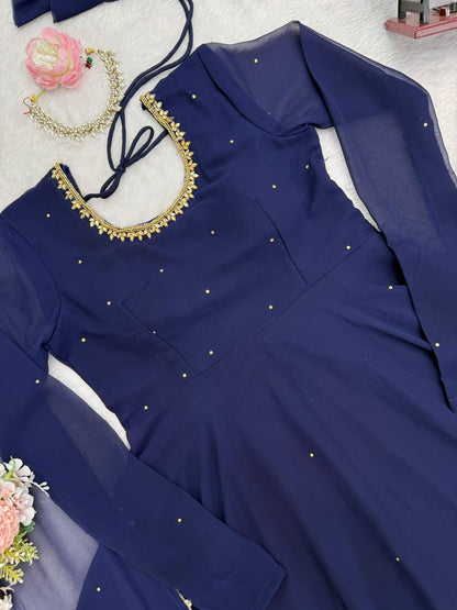 Navy Blue Designer Faux Georgette LCD Stone Work Gown Set