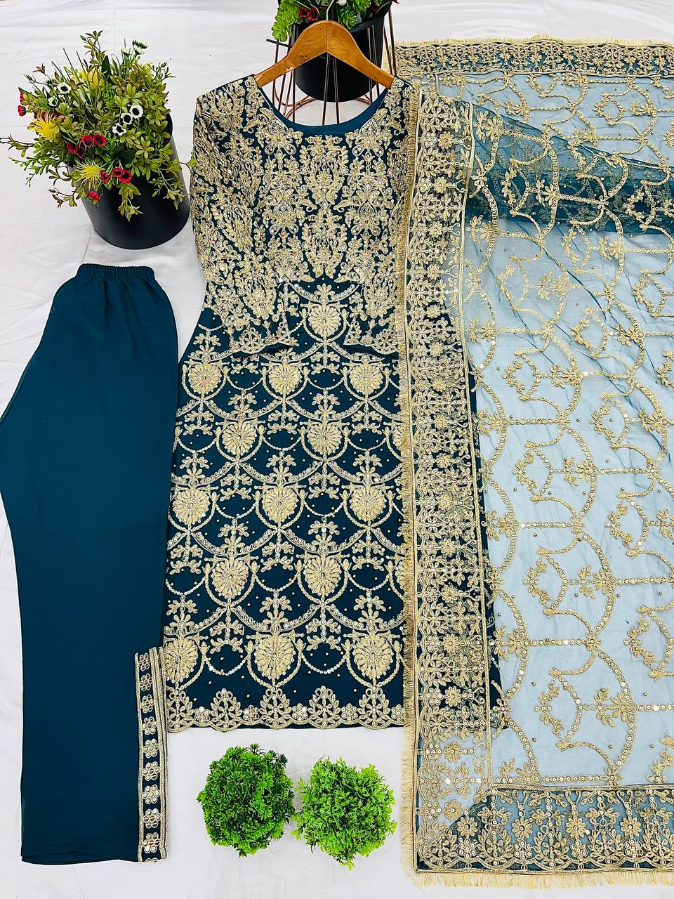 Navy Blue Designer Faux Georgette Palazzo Top and Dupatta For Party Wear