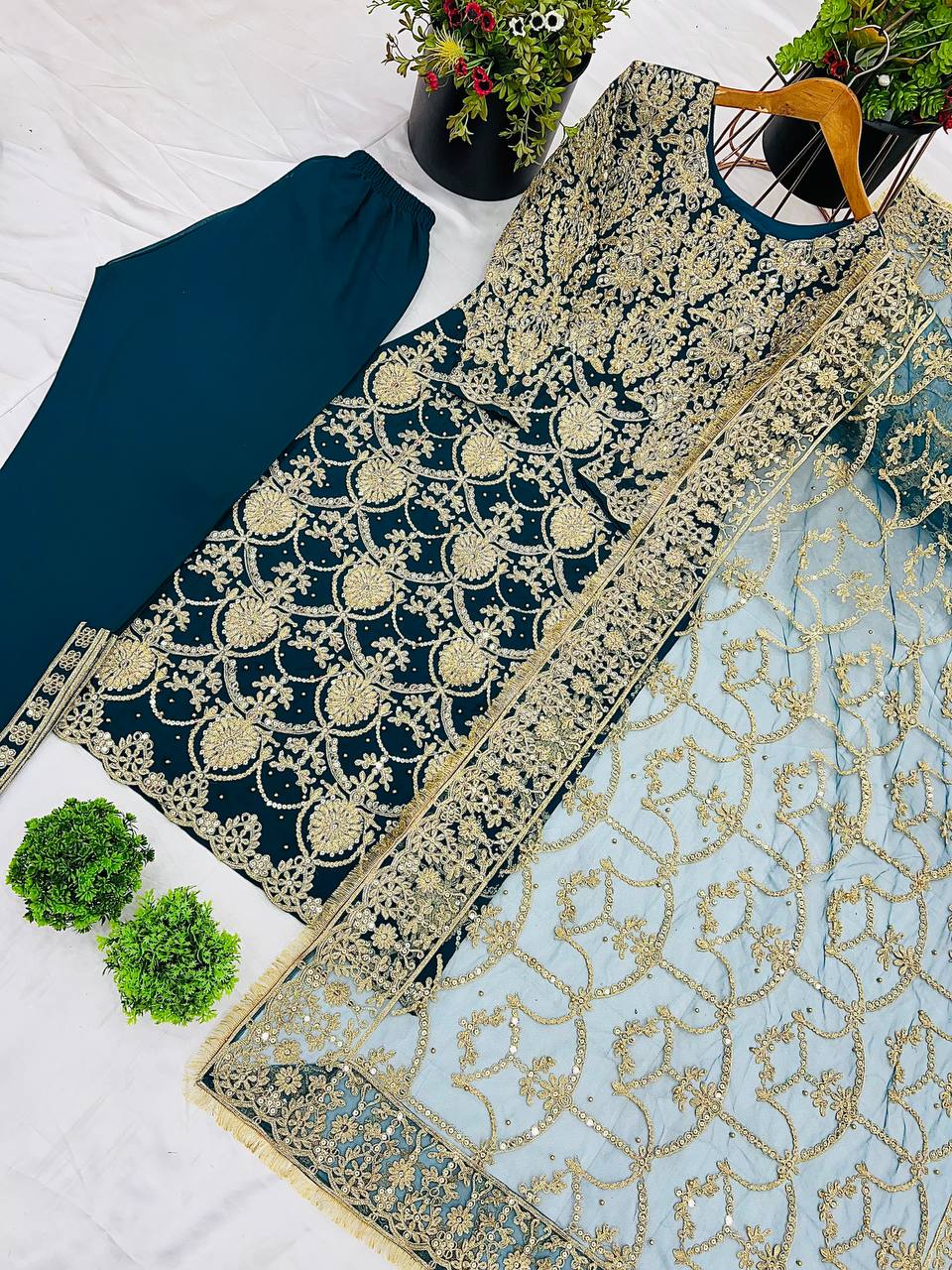 Navy Blue Designer Faux Georgette Palazzo Top and Dupatta For Party Wear