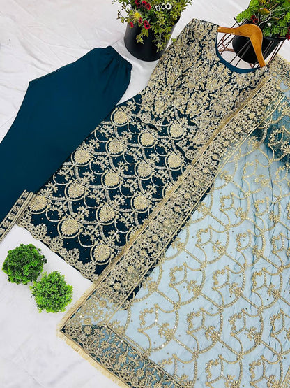 Navy Blue Designer Faux Georgette Palazzo Top and Dupatta For Party Wear