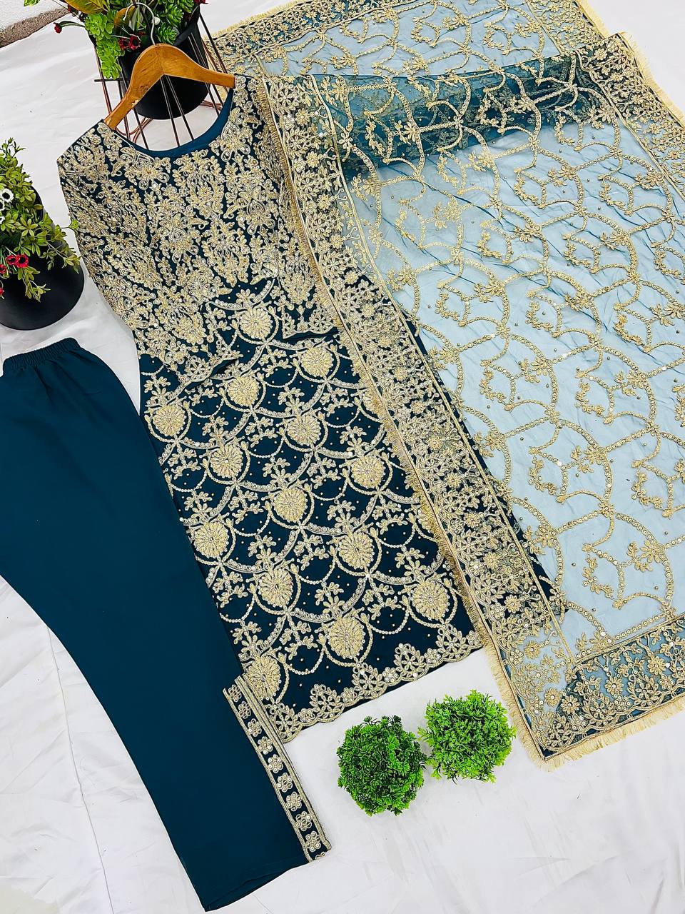 Navy Blue Designer Faux Georgette Palazzo Top and Dupatta For Party Wear