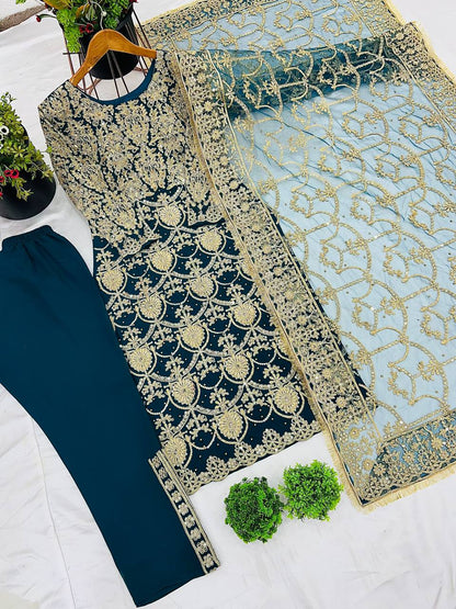 Navy Blue Designer Faux Georgette Palazzo Top and Dupatta For Party Wear