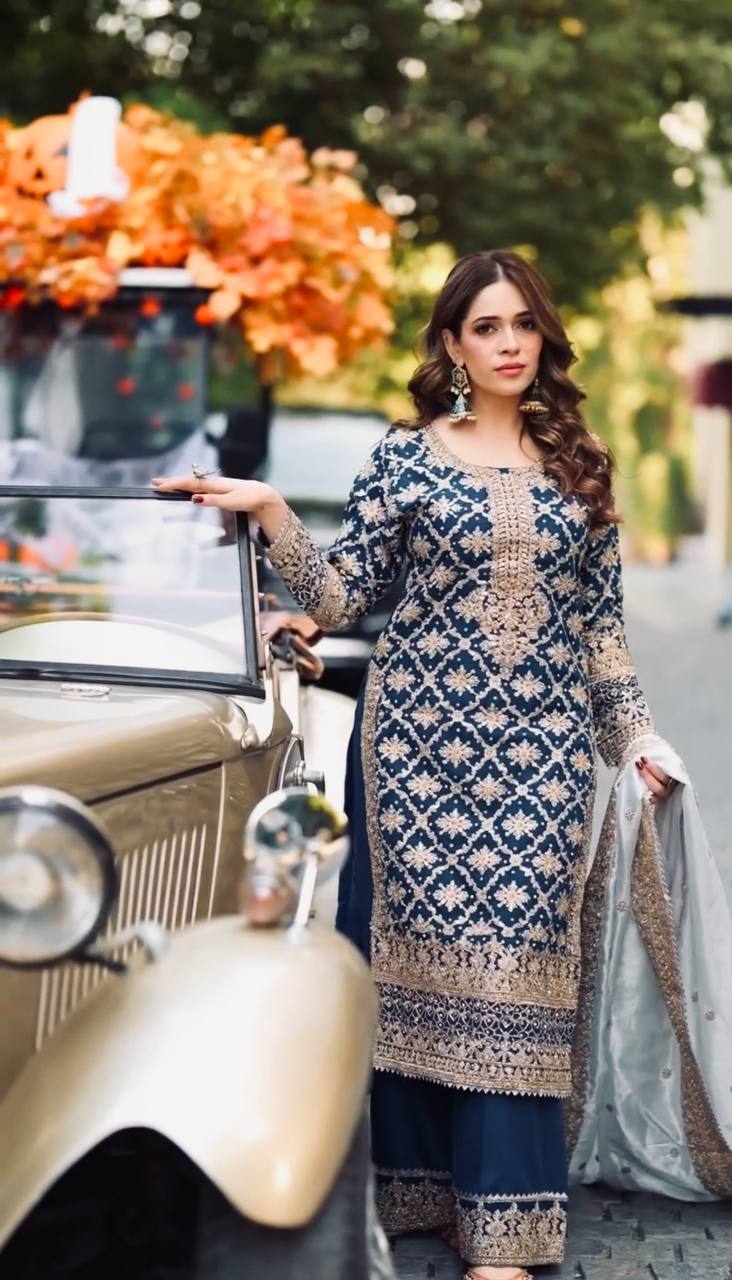 Navy Blue Designer Georgette Chain Palazzo and Dupatta For Party Wear