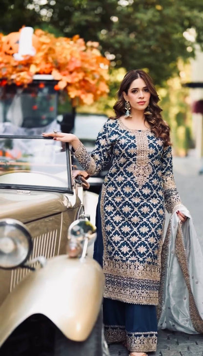 Navy Blue Designer Georgette Chain Palazzo and Dupatta For Party Wear