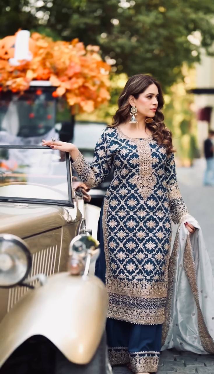 Navy Blue Designer Georgette Chain Palazzo and Dupatta For Party Wear