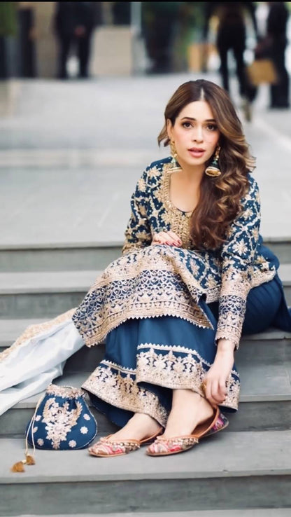 Navy Blue Designer Georgette Chain Palazzo and Dupatta For Party Wear