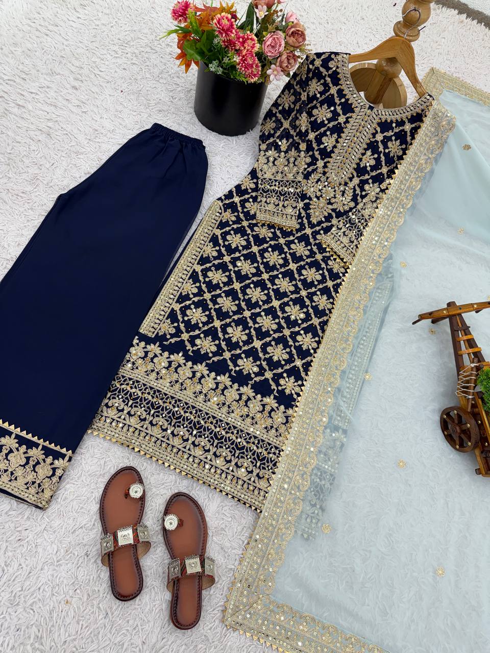 Navy Blue Designer Georgette Chain Palazzo and Dupatta For Party Wear