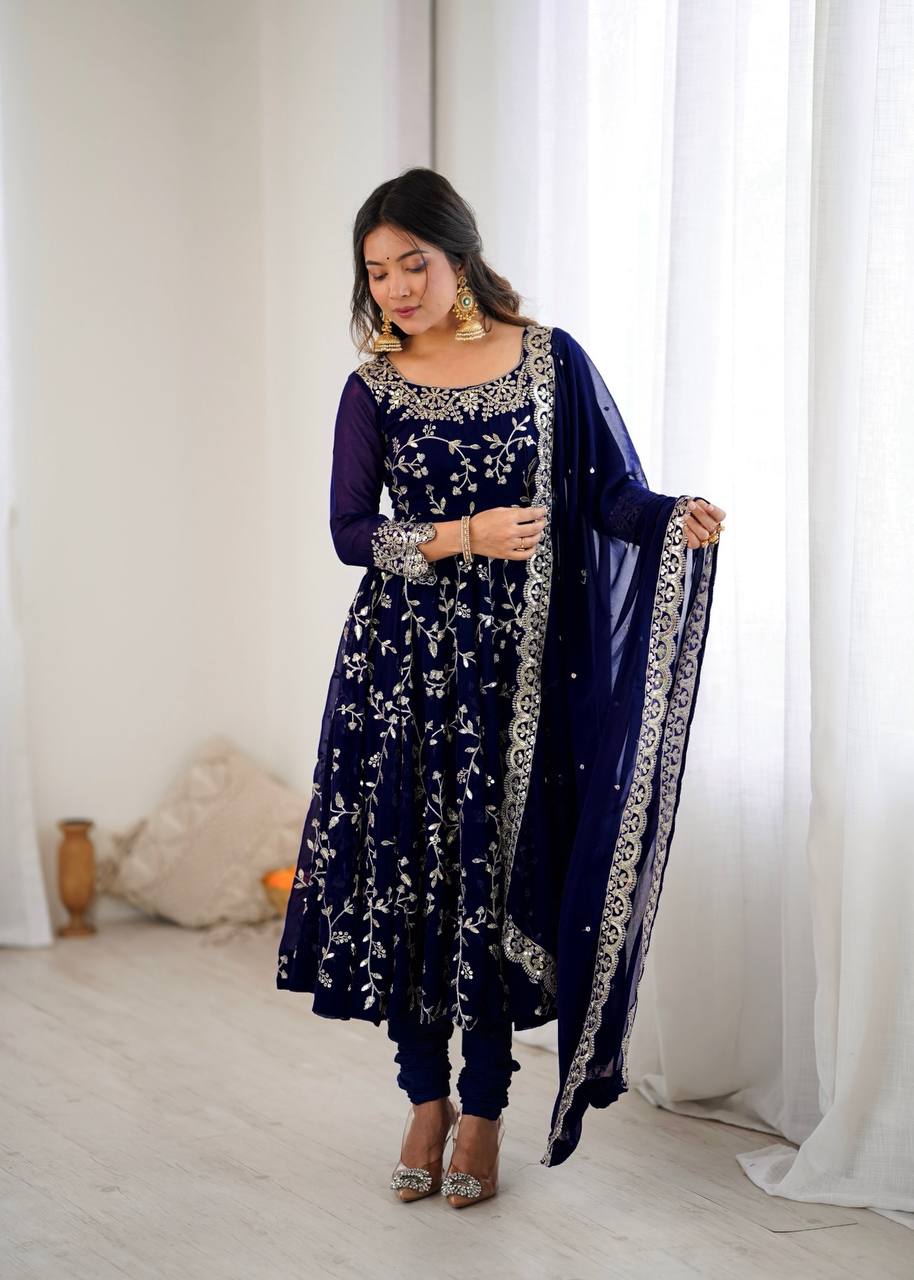 Navy Blue Designer Heavy Faux Georgette Anarkali Gown and Dupatta
