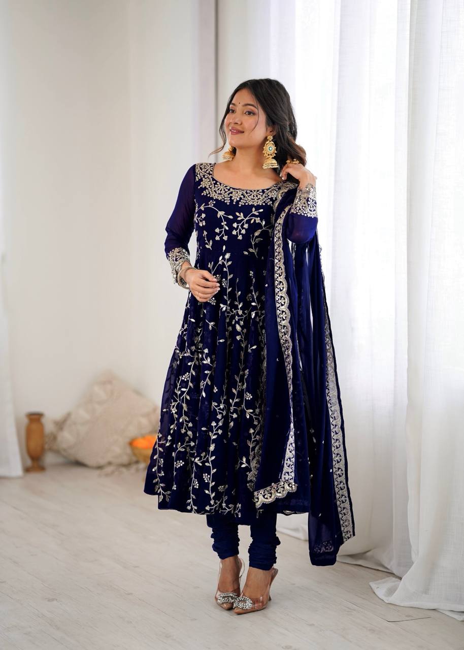 Navy Blue Designer Heavy Faux Georgette Anarkali Gown and Dupatta