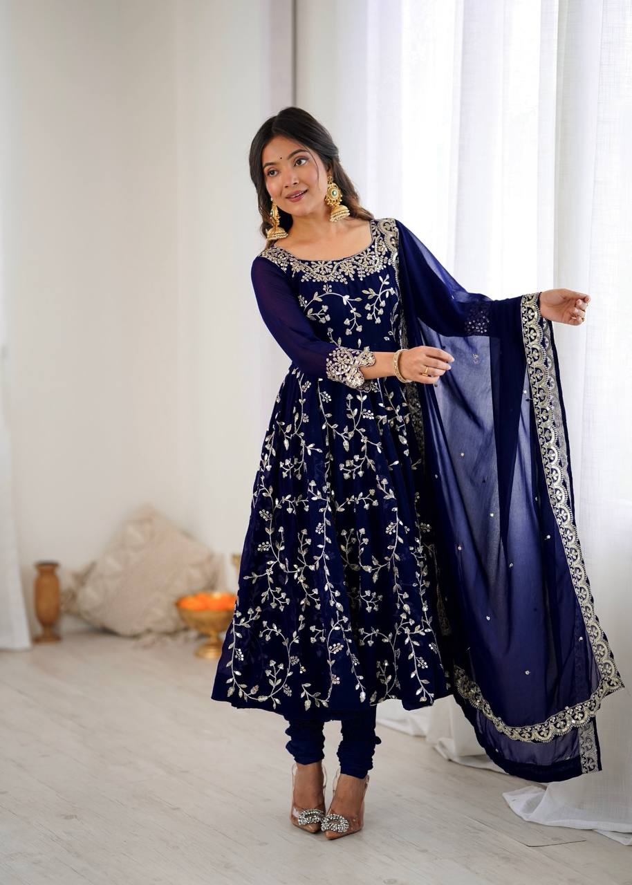 Navy Blue Designer Heavy Faux Georgette Anarkali Gown and Dupatta