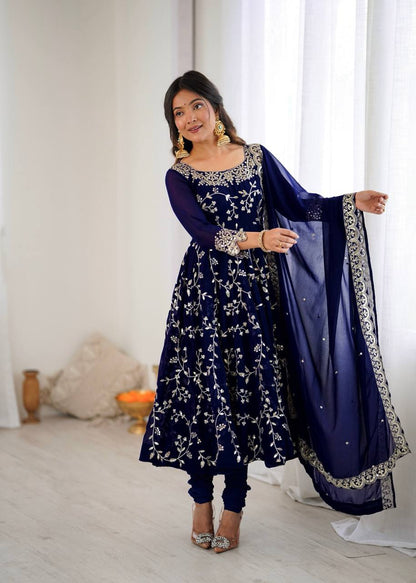 Navy Blue Designer Heavy Faux Georgette Anarkali Gown and Dupatta