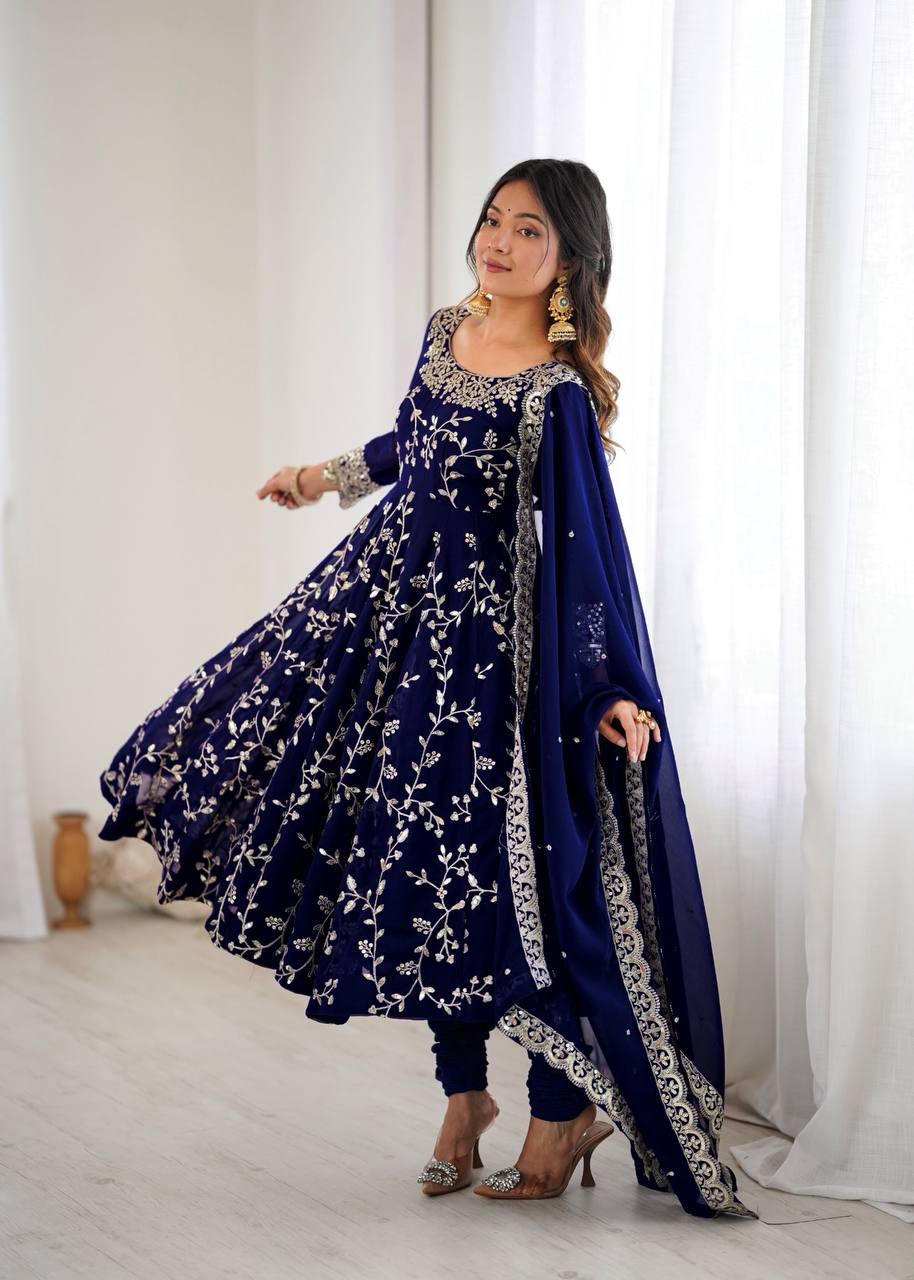 Navy Blue Designer Heavy Faux Georgette Anarkali Gown and Dupatta