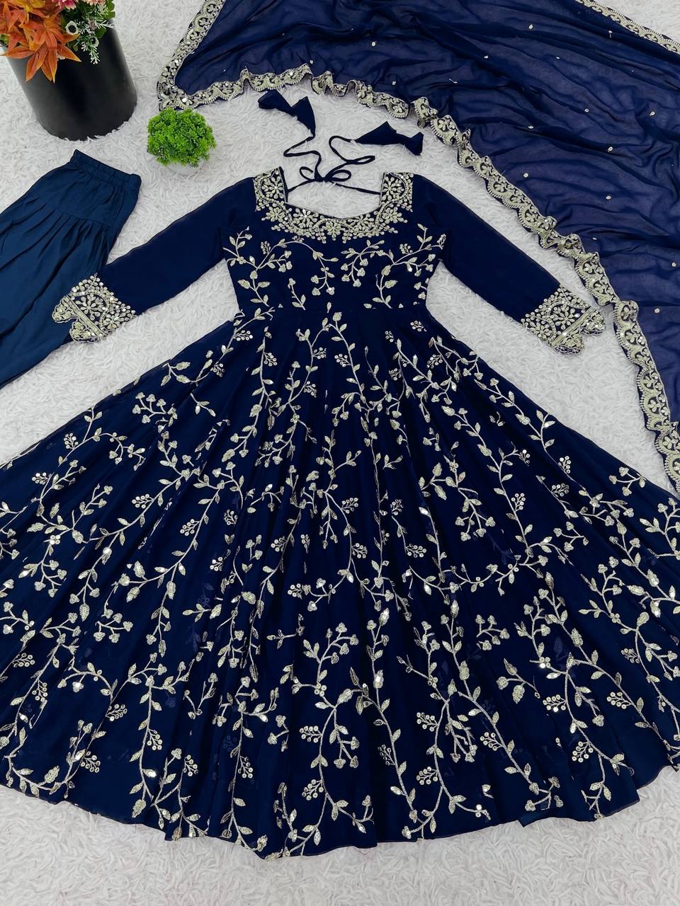 Navy Blue Designer Heavy Faux Georgette Anarkali Gown and Dupatta