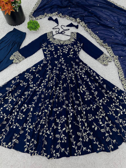 Navy Blue Designer Heavy Faux Georgette Anarkali Gown and Dupatta