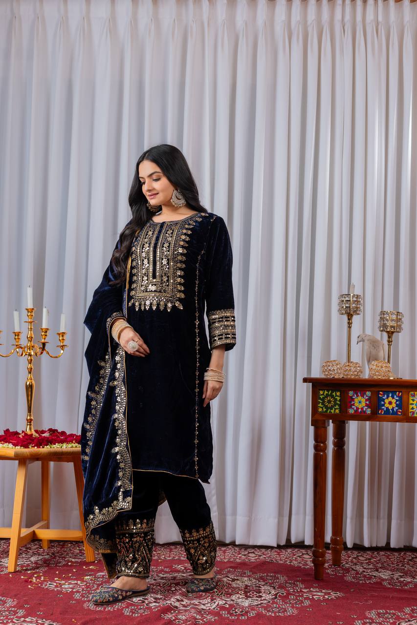 Navy Blue Designer Viscose Velvet Bottom Top and Dupatta For Party Wear