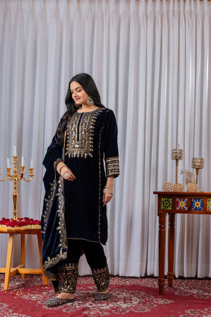 Navy Blue Designer Viscose Velvet Bottom Top and Dupatta For Party Wear