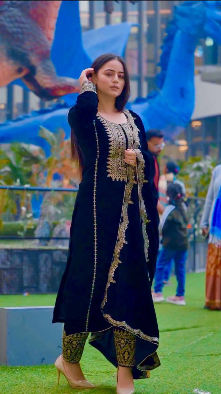 Navy Blue Designer Viscose Velvet Bottom Top and Dupatta For Party Wear