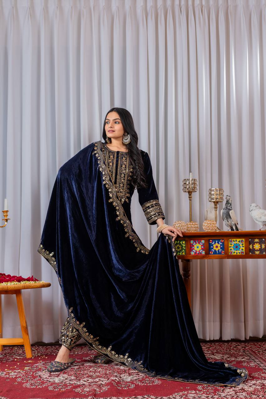 Navy Blue Designer Viscose Velvet Bottom Top and Dupatta For Party Wear