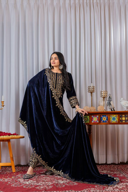 Navy Blue Designer Viscose Velvet Bottom Top and Dupatta For Party Wear