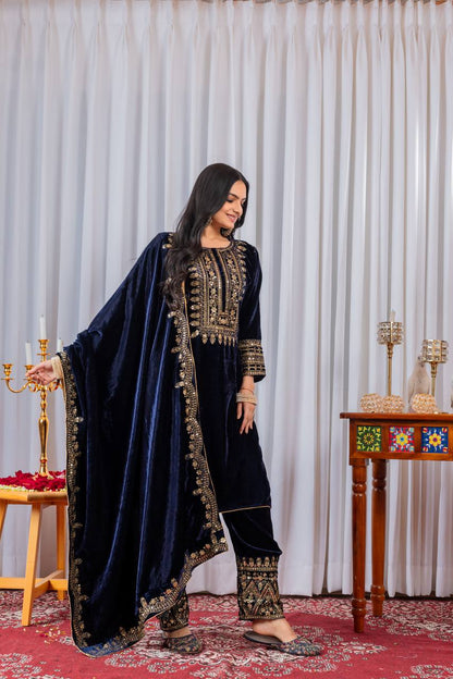Navy Blue Designer Viscose Velvet Bottom Top and Dupatta For Party Wear