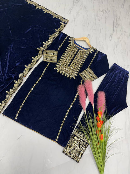 Navy Blue Designer Viscose Velvet Bottom Top and Dupatta For Party Wear