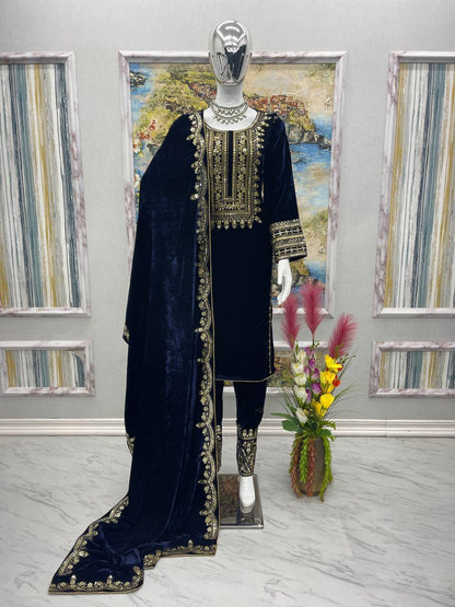 Navy Blue Designer Viscose Velvet Bottom Top and Dupatta For Party Wear