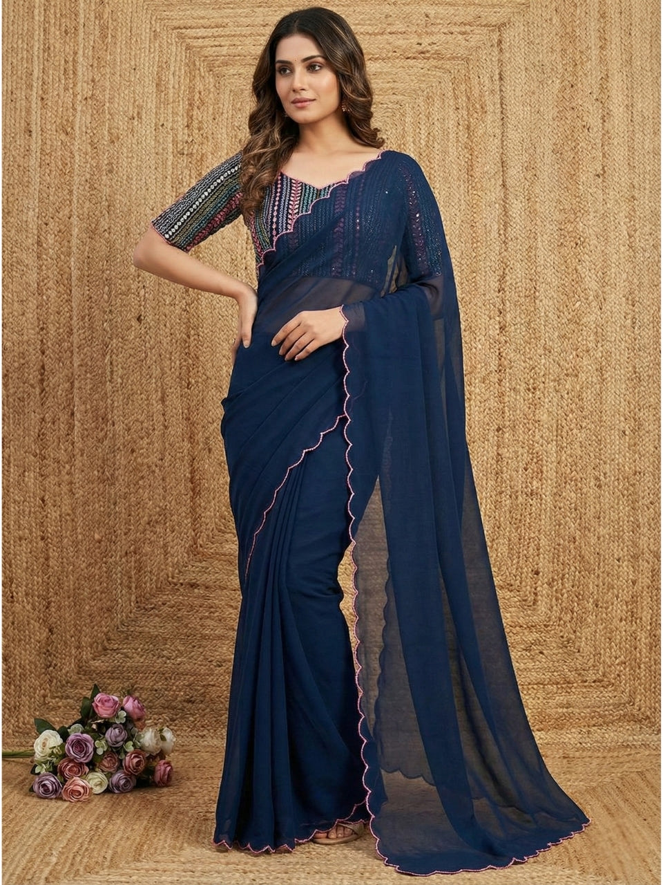 Navy Blue Georgette Aari Embroidery Border Saree with Work Blouse