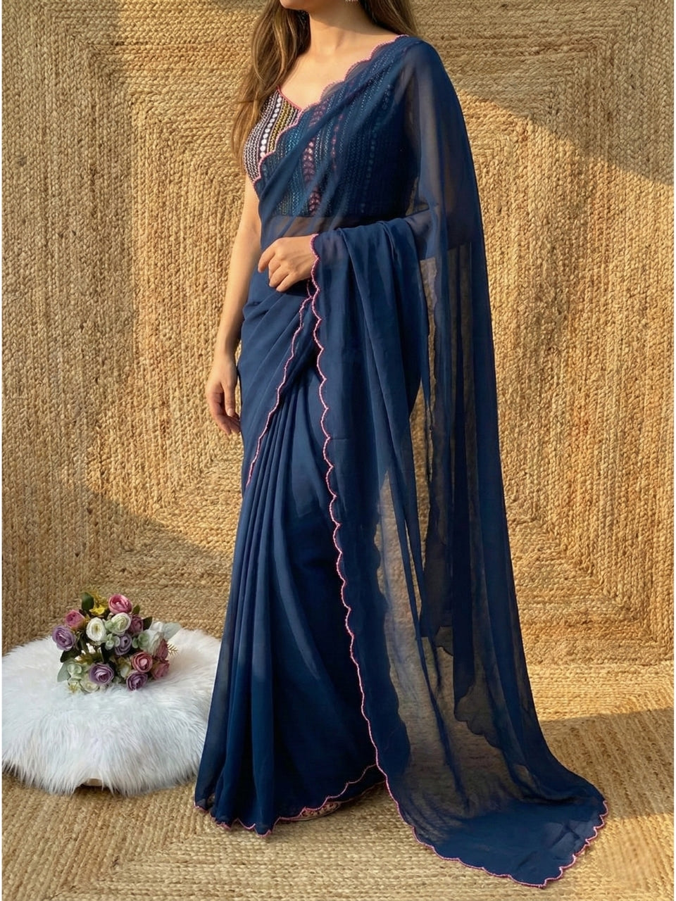 Navy Blue Georgette Aari Embroidery Border Saree with Work Blouse