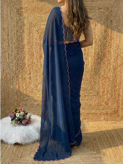 Navy Blue Georgette Aari Embroidery Border Saree with Work Blouse
