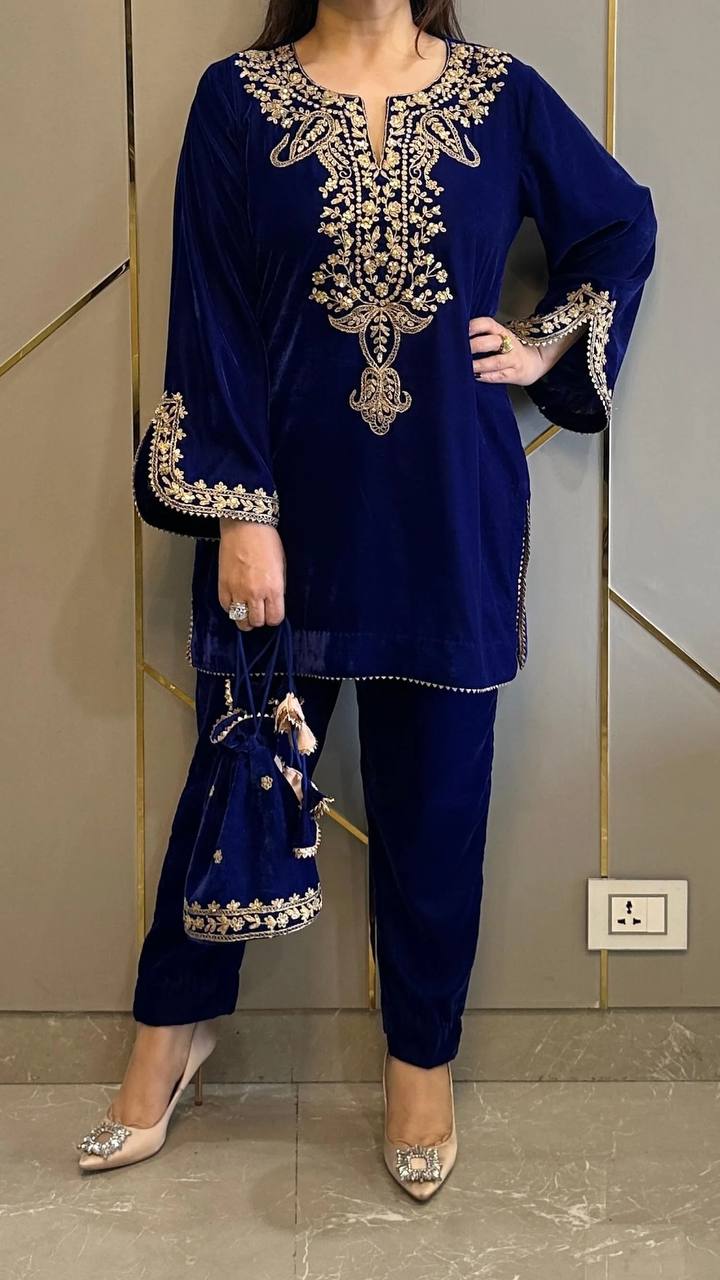Navy Blue Heavy Viscose Velvet Embroidery Sharara Suit For Party Wear