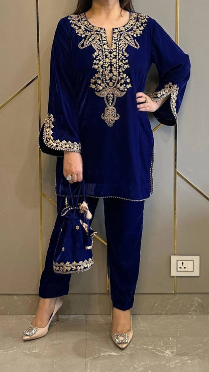 Navy Blue Heavy Viscose Velvet Embroidery Sharara Suit For Party Wear
