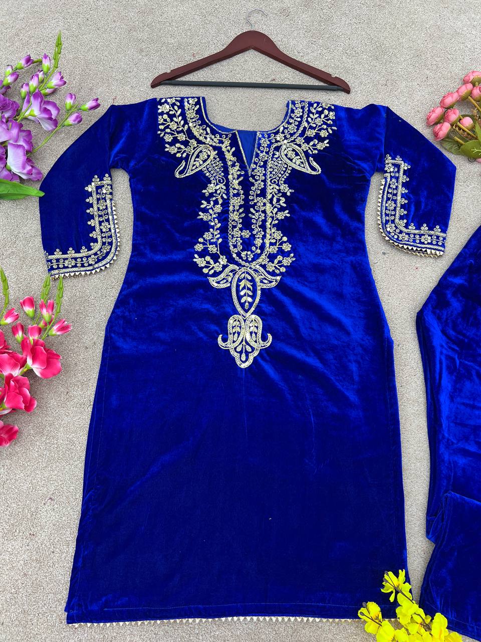 Navy Blue Heavy Viscose Velvet Embroidery Sharara Suit For Party Wear