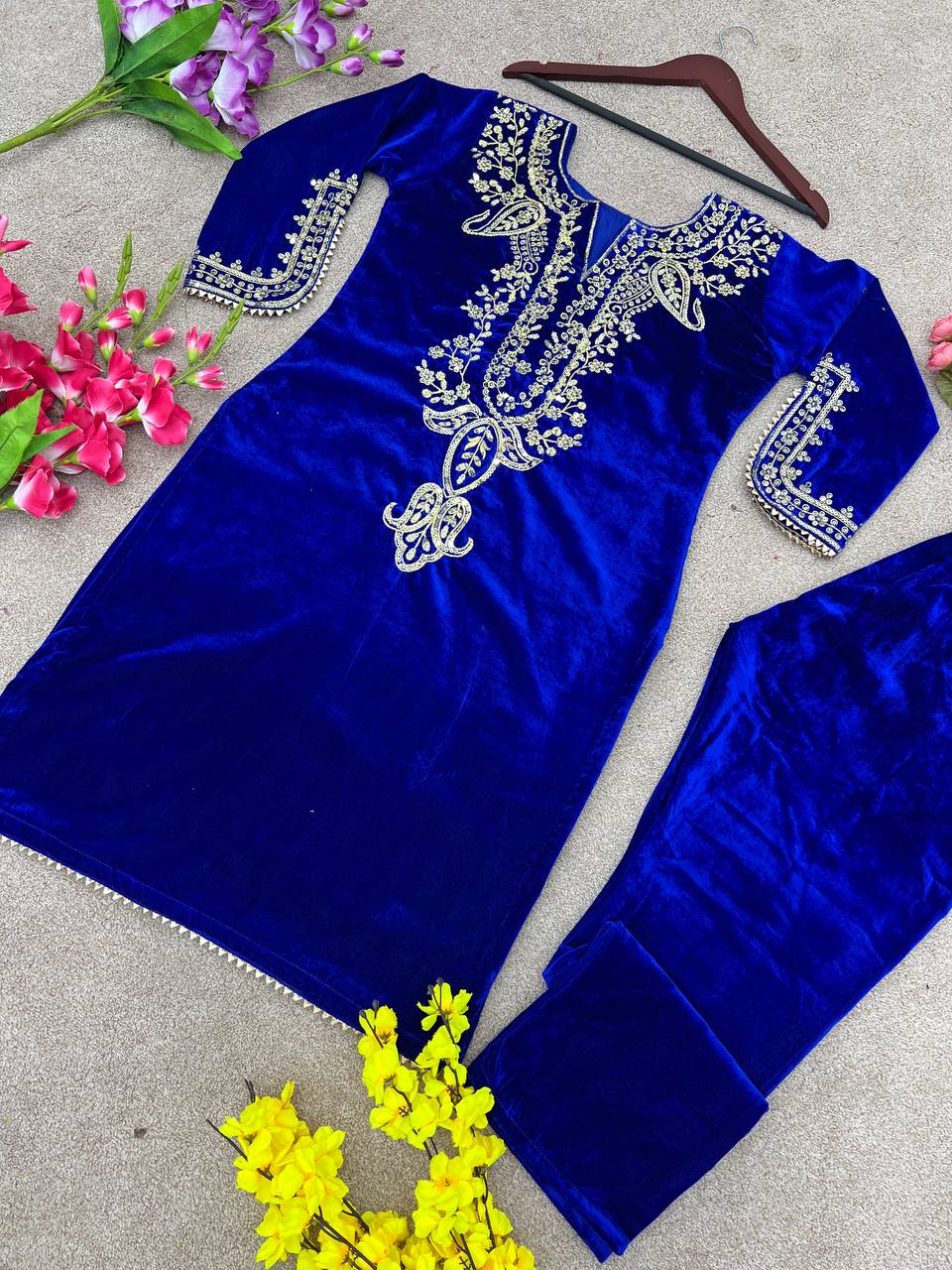 Navy Blue Heavy Viscose Velvet Embroidery Sharara Suit For Party Wear