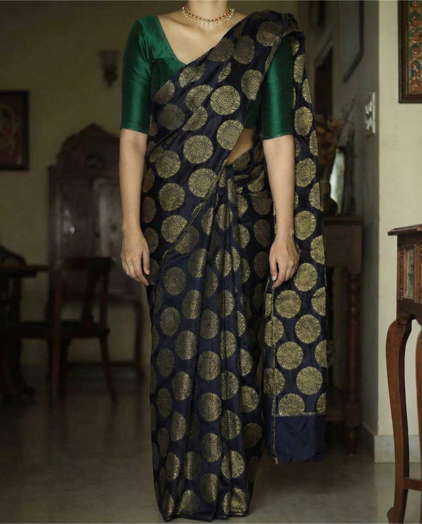 Navy Blue Kanchipuram Silk Saree with Rich Zari Weaving Border