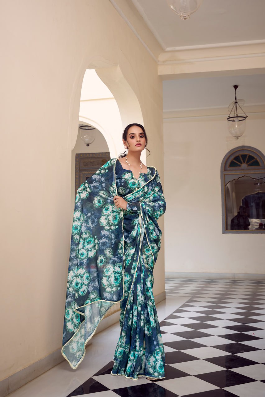 Navy Blue Marble Print Weightless Saree with Pearl Lace Border Floral Blouse