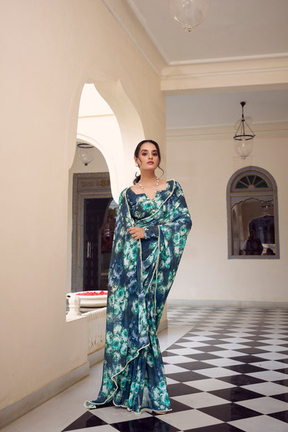 Navy Blue Marble Print Weightless Saree with Pearl Lace Border Floral Blouse